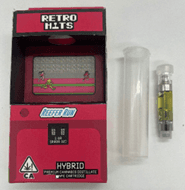 Retro Hits Premium Cannabis Distillate” Reefer Run front package label and vape cartridge