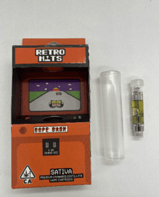 Retro Hits Premium Cannabis Distillate” Dope Dash front package label and vape cartridge