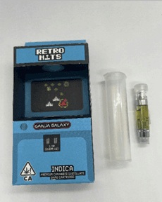 Retro Hits Premium Cannabis Distillate” Ganja Galaxy front package label and vape cartridge