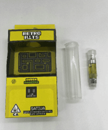 Retro Hits Premium Cannabis Distillate” Munch Monster front package label and vape cartridge