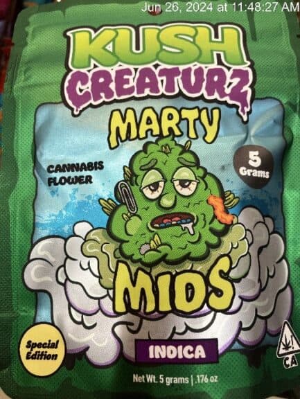 Kush Creaturz Marty Mids” front package label