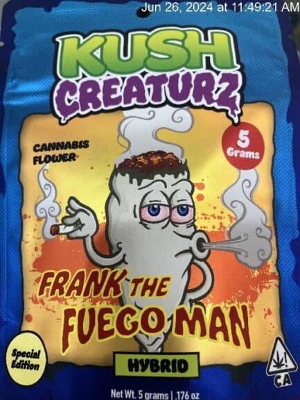 Kush Creaturz Frank the Fuego Man” front package label