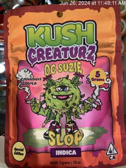 Kush Creaturz OG Suzie Slop” front package label